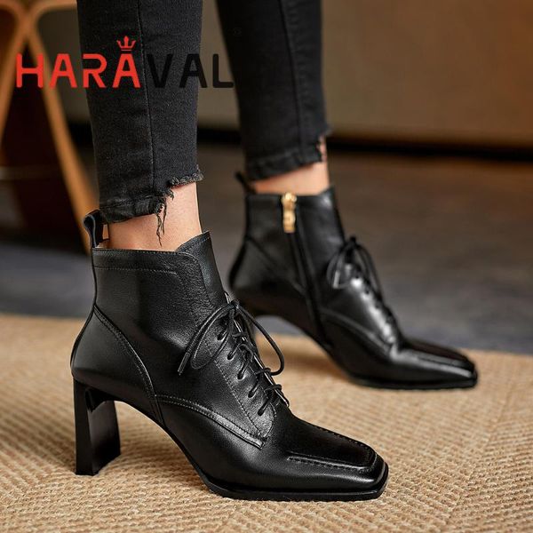 

boots haraval high heels boot women shoes elegant white black brown spring/autumn square toe solid lace up genuine leather e78l