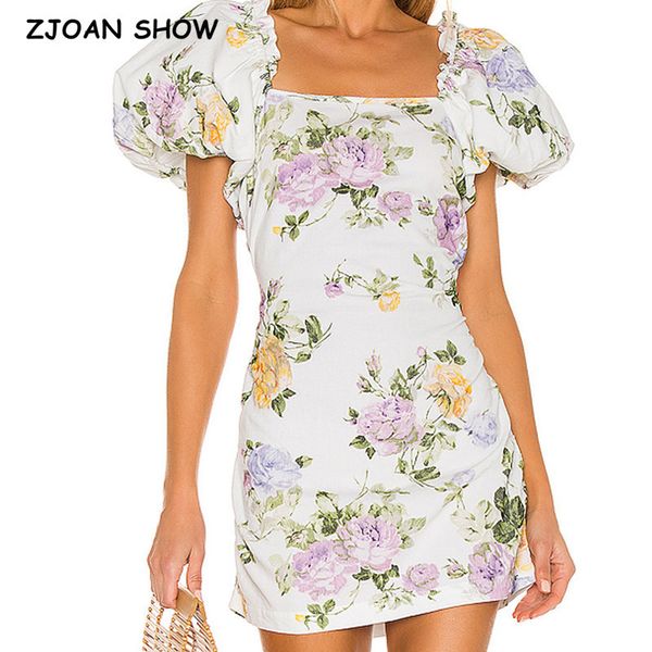 

summer retro women floral print cotton mini dress short lantern sleeve bodycon party dresses 210429, White