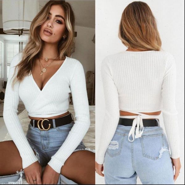 

summer slim black white khaki womens t shirts long sleeve cross v neck crop top