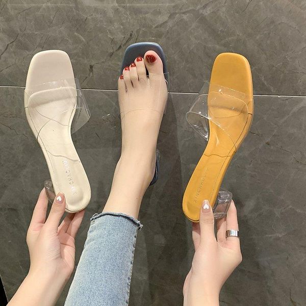 

net red transparent crystal thick heel women's slippers summer shallow open toe wedding party dress high, Black