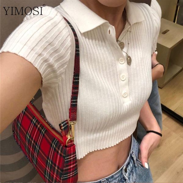 

women's t-shirt summer ribbed knicrop 2021 women casual solid short sleeve tee shirt turn down collar button white t-shirts