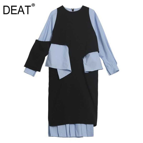 

[deat] women spliced irregular hit color dress round neck long sleeve loose fit fashion spring autumn 13f314 210527, Black;gray