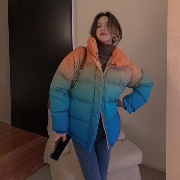 

women's down & parkas 2021 winter gradient color cotton padded coat women short korean loose mixed stand collar thick bread jacket, Black