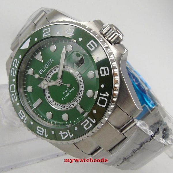 

wristwatches 43mm blue green black dial gmt sapphire crystal date automatic mens watch, Slivery;brown