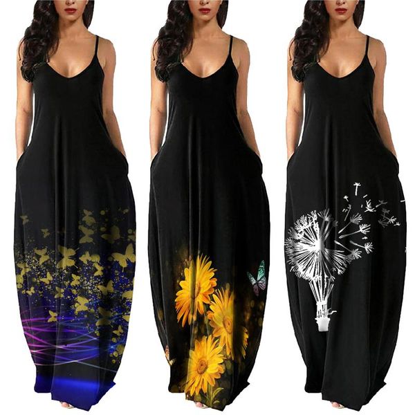 

casual dresses women's summer fashion dandelion floral printed maxi long dress v-neck sleeveless cami with pockets bench wear, Black;gray