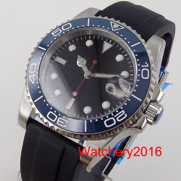 

wristwatches bliger no logo 40mm black dial sub mechancial men watch red second hand 24 jewels nh35 miyota 8215 rubber strap, Slivery;brown