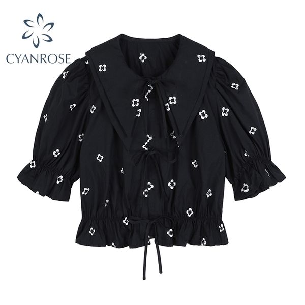 

summer vintage appliques short sleeve women korean style streetwear sweet turn-down collar casual female crop shirts 210515, White