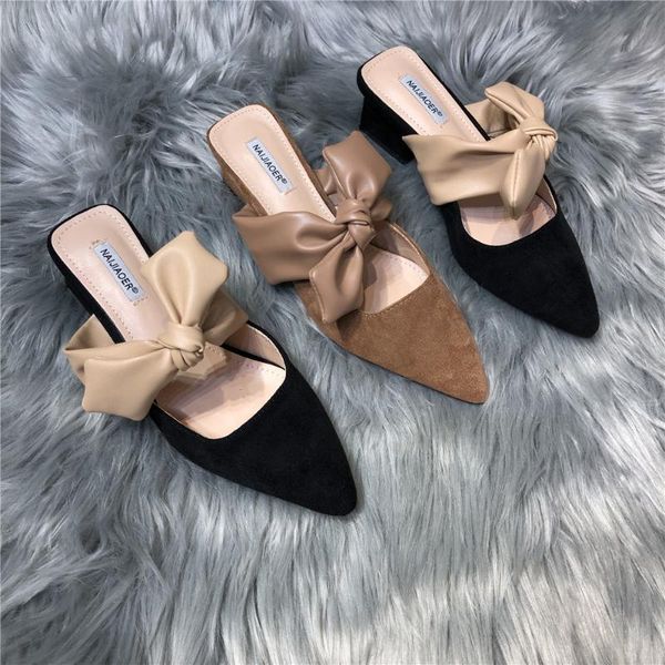 

slippers 2021 summer pointed suede bow temperament was thin baotou thick with high heels sandals female, Black