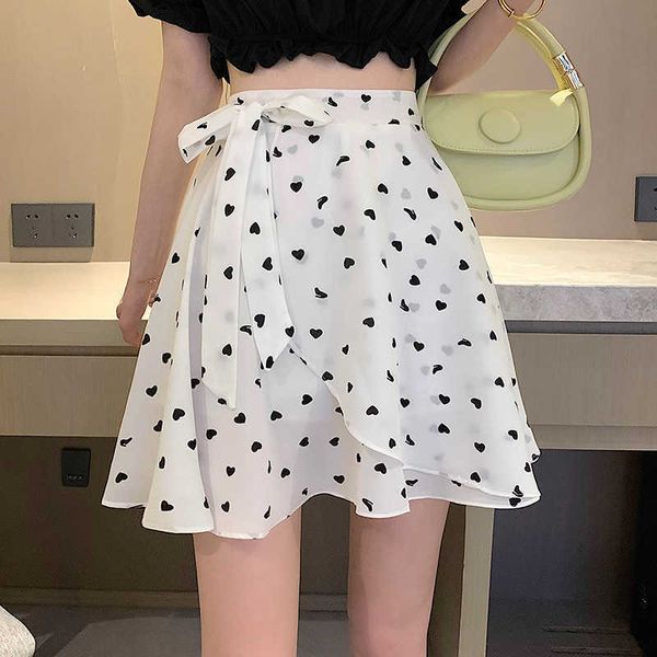 

summer cool beauty irregular lace up peach heart print high waist versatile slim skirt, Black