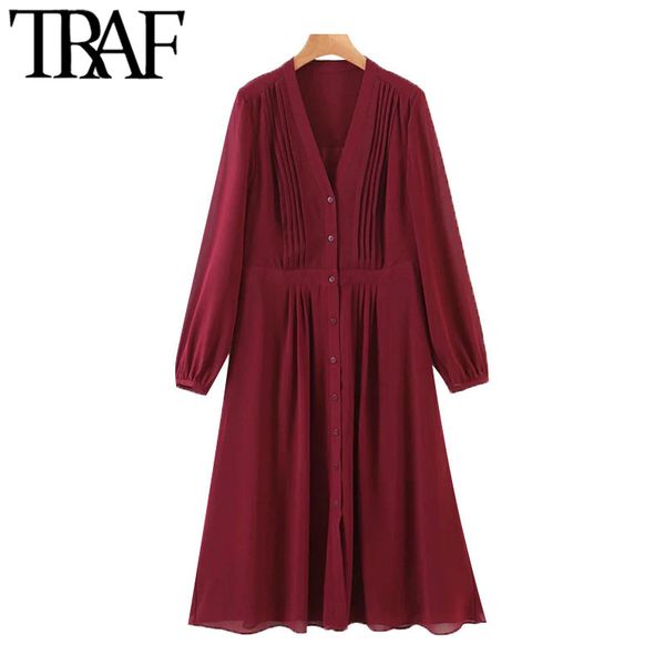 

traf women chic fashion with lining pleated chiffon midi dress vintage long sleeve button-up female dresses vestidos 210415, Black;gray