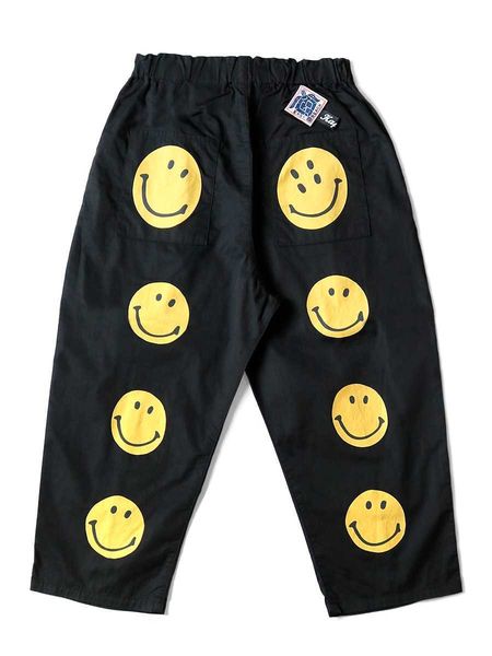 

men's pants kapital vintage hiro hirata smiley face print velcro elastic waist casual pants for men and women, Black