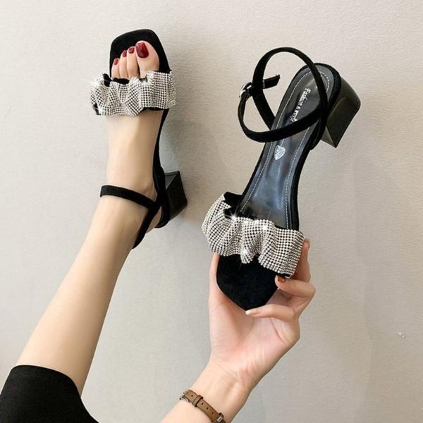

sandals 2021 rhinestone ruffles open toe high heels women gladiator stiletto summer crystal slingbacks black shoes woman
