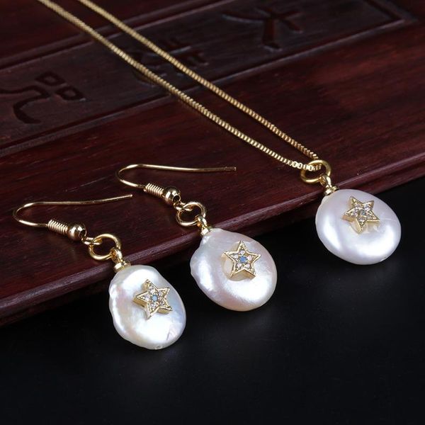 

earrings & necklace tiny gold white cz crystal star charm beads coin freshwater pearl chic drop earring choker women jewelry set gift, Silver