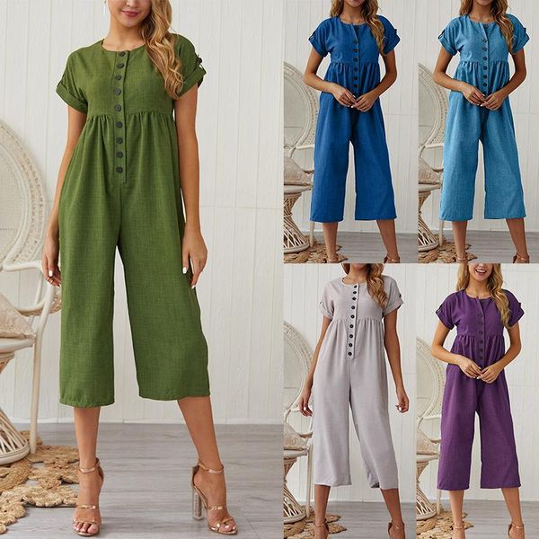 

women's jumpsuits & rompers cotton and linen solid color jumpsuit straight high waist short sleeve seven-point bodysuit clothing, Black;white