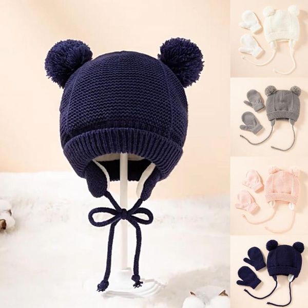 

caps & hats 1 set cute children cap knitted lovely two plush balls hat gloves, Yellow