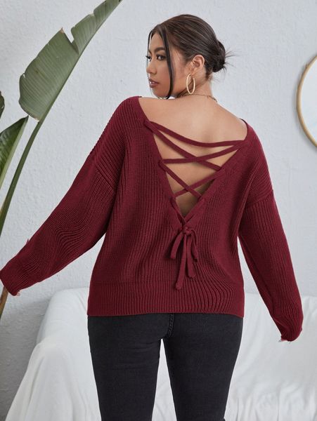 

plus drop shoulder criss-cross backless sweater e9ij#, Black