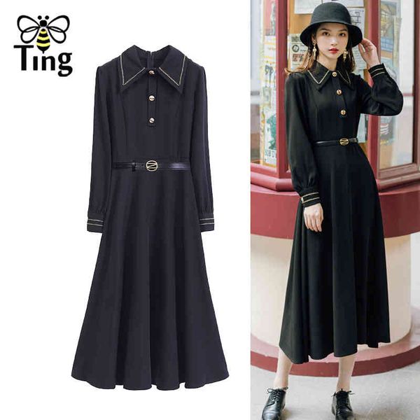

vintage elegant button decor 90s retro women dress lapel collar midi long casual chic church vestidos robes 210513, Black;gray