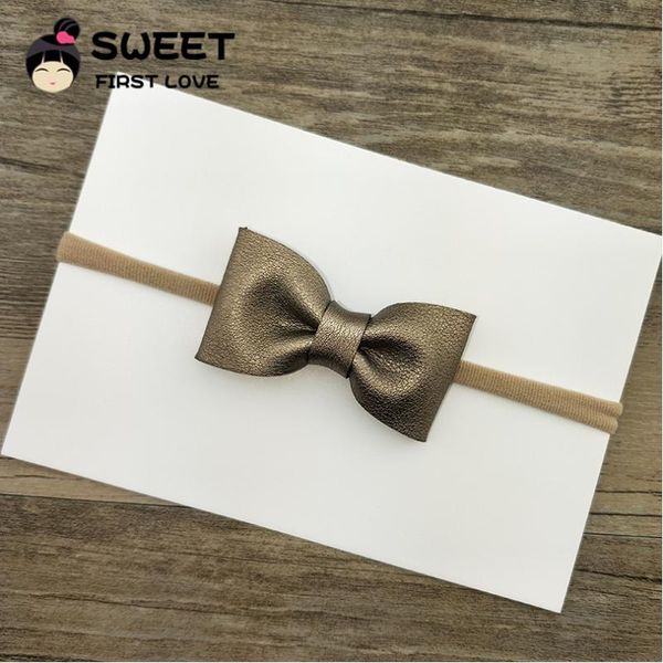

kids handmade leather bow headband with elastic hair band for girls boutique solid children cute head wear accessories, Slivery;white