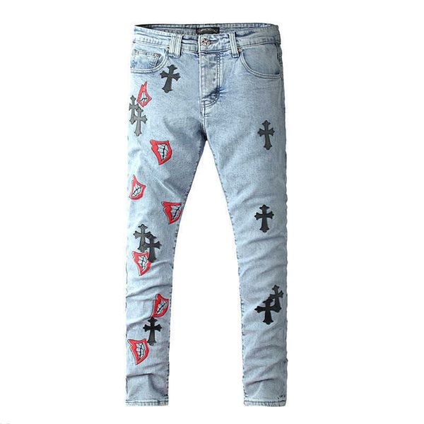 

men's jeans light be cross print casual high street leggings jeans, Blue