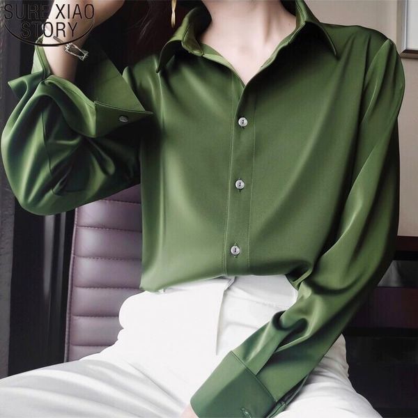 

women's blouses & shirts avocado green satin silk shirt vintage blouse women spring fashion korean button loose lady long sleev, White