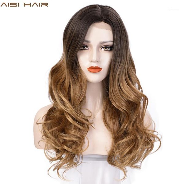 

hair long wavy synthetic wigs lace front wig omber brown for women glueless heat resistant part side daily1, Black
