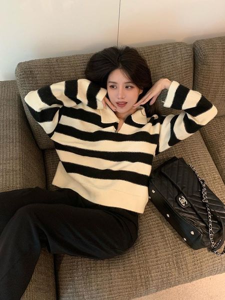 

women's sweaters real s autumn casual collar striped wide., White;black