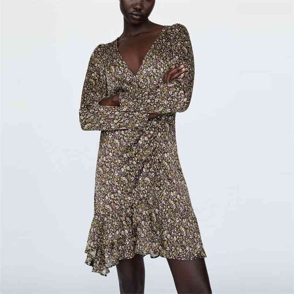 

floral print draped dress women wrap v-neck long sleeve vintage mini es woman fashion irregular party 210524, Black;gray