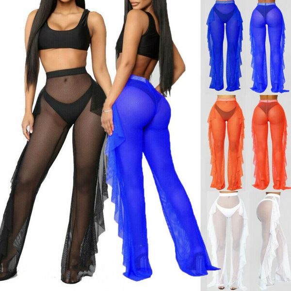

women's swimwear women high waist fishnet beachwear pants mesh sheer ruffle trousers bikini cover up bathing suit, White;black
