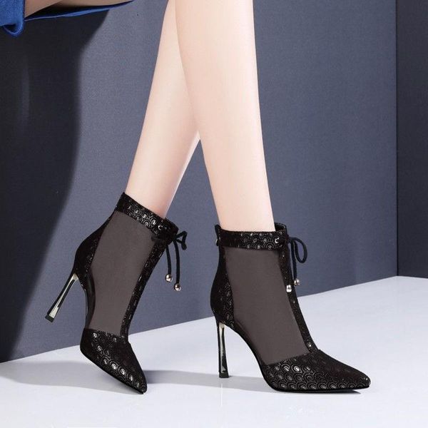 

fashion women ankle boots pointed toe short botas bow design thin low heels back zipper air mesh, Black