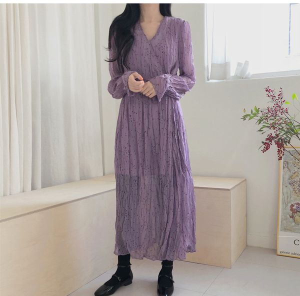 Primavera A-Line Roxo Impressão Vestido de Camisa Longa Mulheres Sexy V Neck Vestidos Feminino Casual Ol Mid-bezerro Robe Dot Femme Vestidos 210417