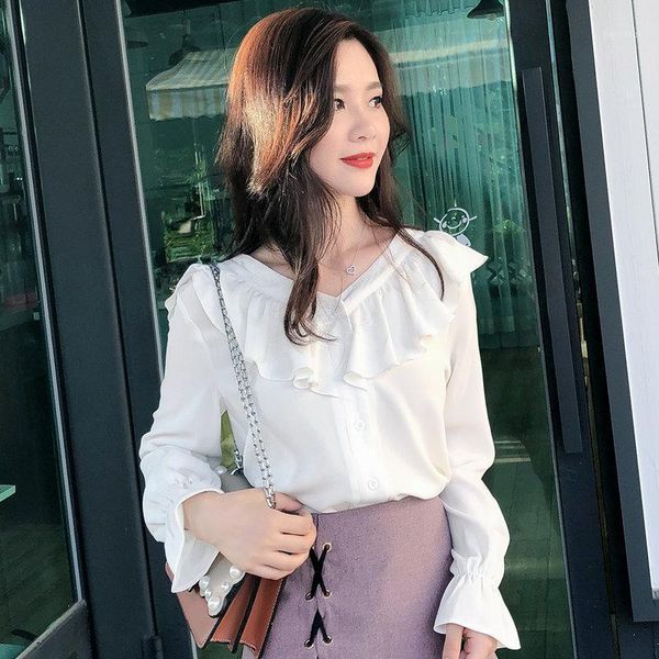 

women's blouses & shirts 2xl plus size 2021 women blusas fashion long sleeve ruffles chiffon blouse solid white casual summer