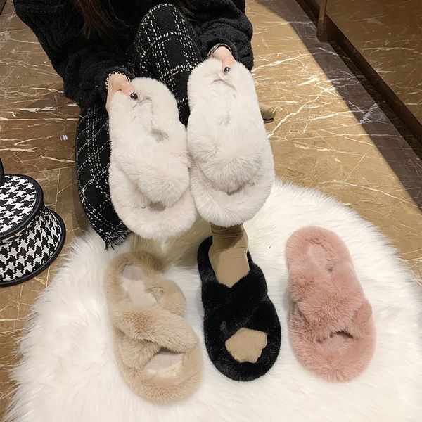 

plush slippers women wear net red outside, style autumn and winter warm, lovely word cross, lazy plush cotton mop tide, Black
