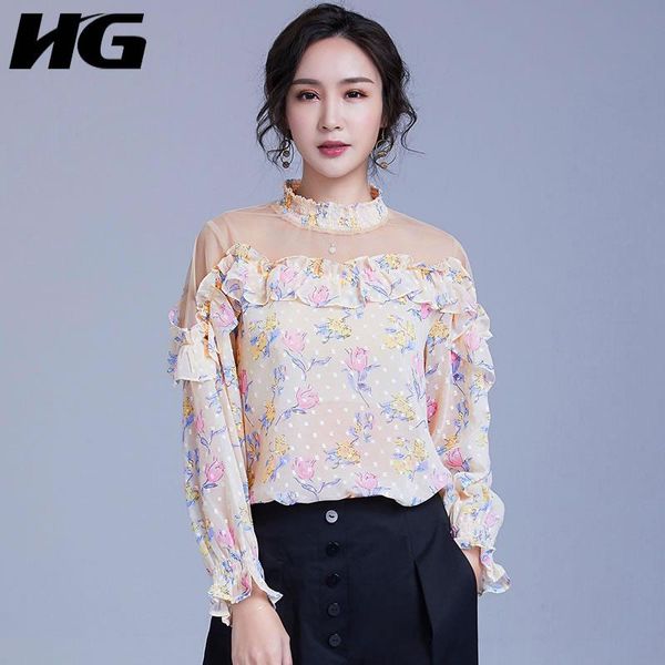 

women's blouses & shirts [hg] 2021 spring europe fashion women agric lace loose shirt female patchwork print hollow out blouse lyh3044, White