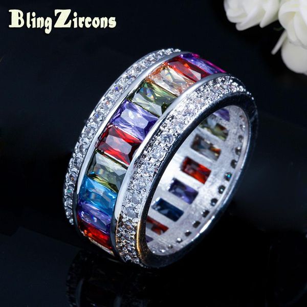

wedding rings beaqueen red purple green multicolor big bands jewelry rectangle cubic zirconia stone women r052, Slivery;golden