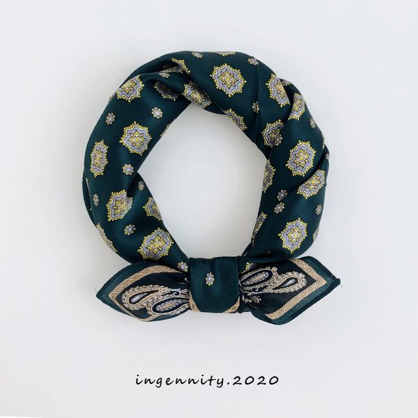 

100% natural silk women square neck scarves paisley print crepe satin plain scarf handkerchief bandana 53*53 cm, Blue;gray