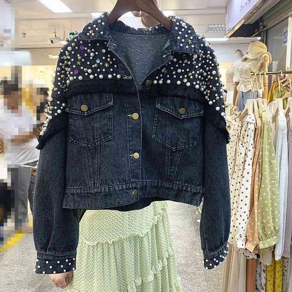 

women's jackets bf style embroidered flares diamonds of women short korean jackets spring single breasted female denim 29nc, Black;brown