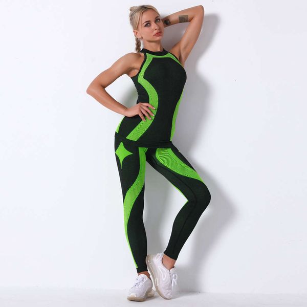 

women's tracksuits tracksuitsseamless knitting striped vest two piece outdoor sports yoga pants set grz9, Gray