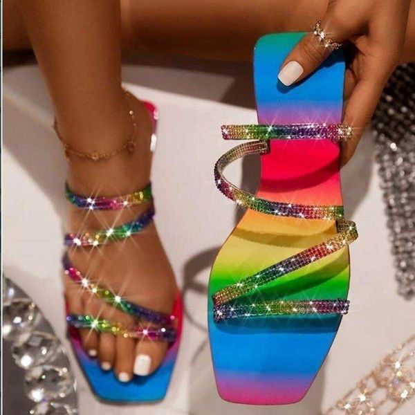 

slippers women's rhinestones sandals candy color ladies bling rainbow flat shoes female slides summer beach plus size vnbu, Black
