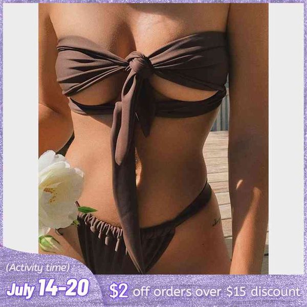

hollow out bikini solid color swimsuit women bqiuini bandage set bathing suit s swimwear push up swimsui 210722, White;black