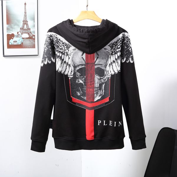 

plein bear brand warm thick sweatshirt hip-hop loose characteristic personality skull pullover rhinestone luxury men's hoodie 81432, Black