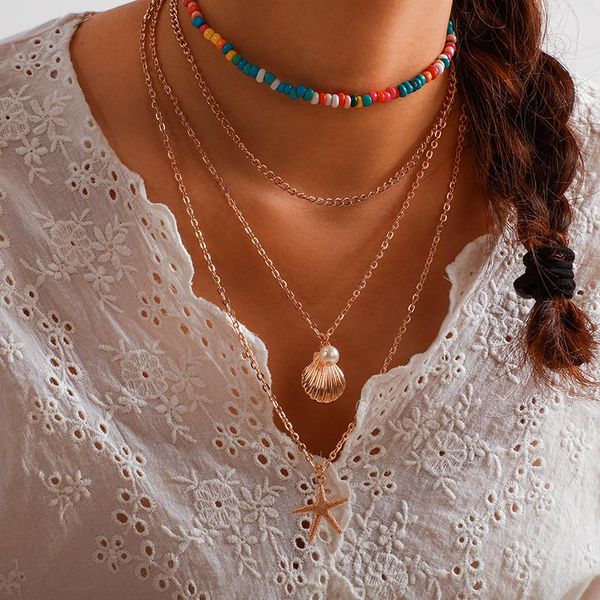 

chains bohemian colorful bead shell pendant necklace choker summer jewelry collar for women starfish multi-layer chain2021, Silver