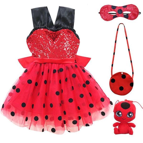 

girl's dresses summer 4pcs/set girls dress sequin party princess children halloween ladybird dot cosplay costume baby clothing for kids, Red;yellow
