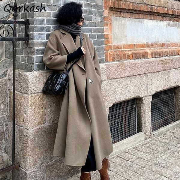 

women's wool & blends women long style street female single button spring fall mujer outwear solid color baggy vintage elegant collecti, Black