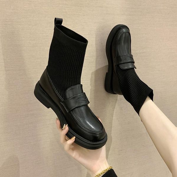 

boots women 2021 clogs platform autumn shoes luxury designer round toe flat heel rubber ankle ladies leather fashion stocki, Black