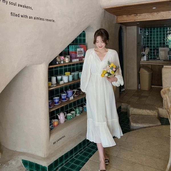 

spring summer chic floral print womens dresses pleated puff sleeve v neck elegant chiffon white women vintage loose vestidos, Black;gray