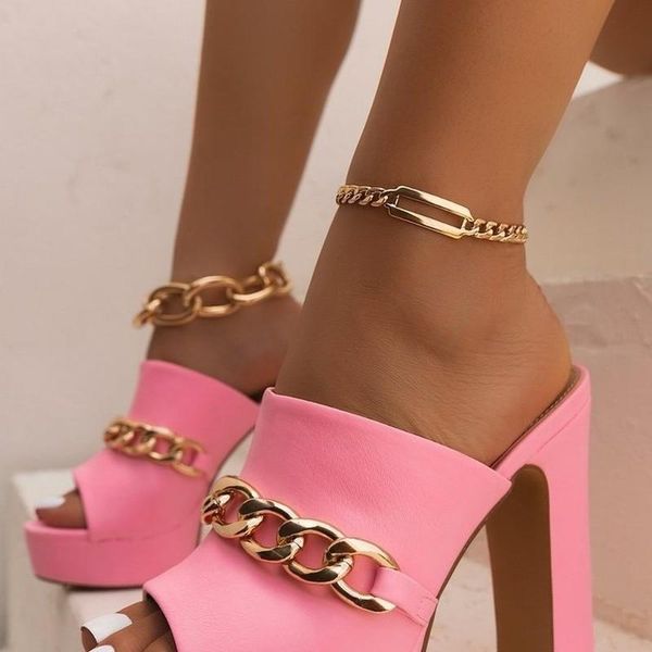 

slippers 2021 summer slipper high heels platform shoes peep toe chain european style party women green, Black