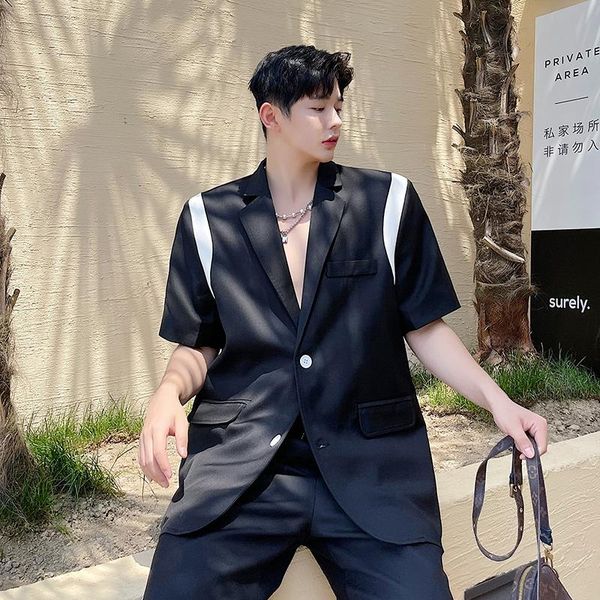 

men's suits & blazers male suit coat pant summer sets net celebrity casual streetwear hip hop sports short sleeve jacket shorts, White;black