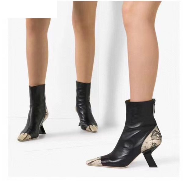 

boots strange style high heels snake pattern short boots female pointed toe genuine leather ankle runway shoes 031l, Black