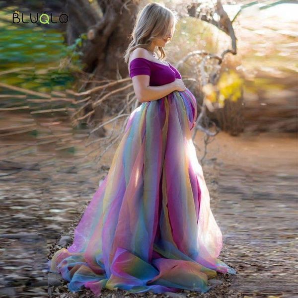 

maternity dresses women high waist sling pregnant rainbow mesh dress beach summer clothes net yarn streetwear vestidos, White