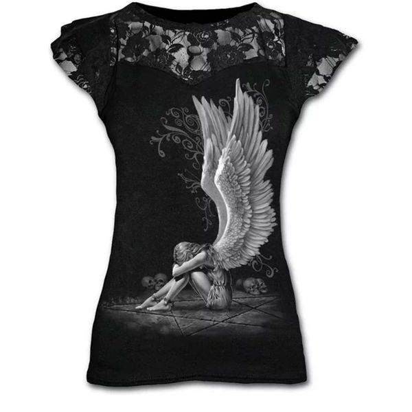 

plus size goth graphic lace t shirts for women gothic clothing black grunge punk tees ladies y2k short sleeve summer tshirt, White